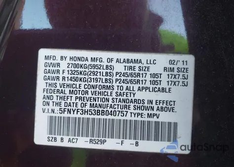2011 Honda Pilot Ex-L from USA, damaged, VIN 5FNYF3H53BB040757